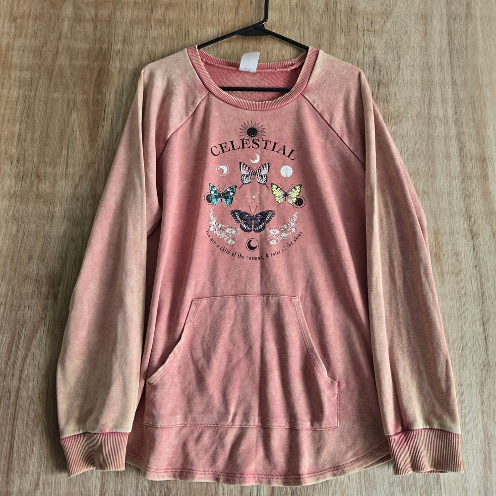 Celestial Boho Mystical Butterfly Graphic Sweatshirt Pink Mineral Wash XXXL 21